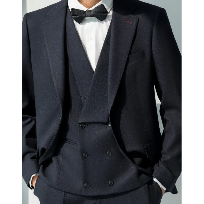 Korean Men Formal Wear - Мужской костюм-тройка в корейском стиле, темно-синий,